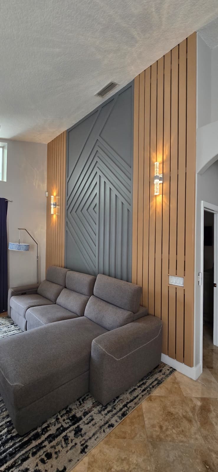 Geometric accent wall with wood slats - side view